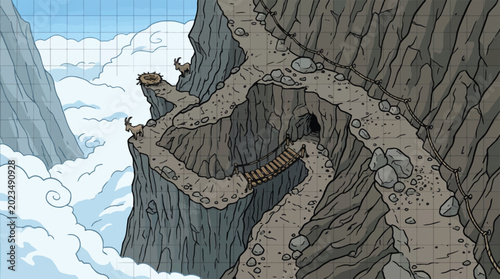 Photos Fantasy mountain path vector illustration, dangerous cliff trail with rope bridg