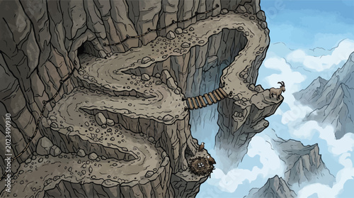 Fotografía Winding mountain path vector illustration, steep cliff road with wooden bridge a