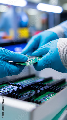 Hands in protective gloves assembling electronic circuit board components in high-tech manufacturing environment.