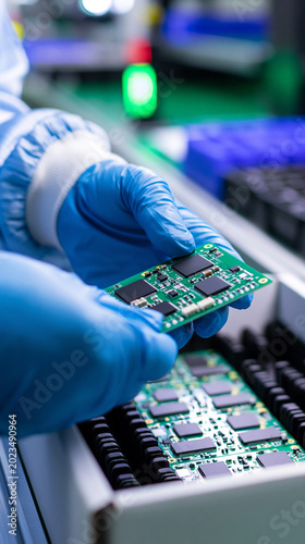 Hands in protective gloves assembling electronic circuit board components in high-tech manufacturing environment.