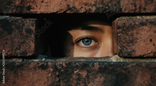 Blue eye peeks through gap in old brick wall. Person watches secretly from behind rough masonry. Curious gaze observes something hidden. Texture of aged bricks is visible.