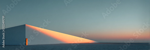 Modern minimalist architecture with sharp geometric angles and warm orange light reflecting on white walls during sunset in a vast desert landscape under a clear blue evening sky.