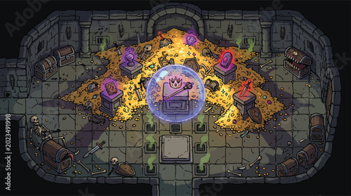 Billede på lærred Fantasy dungeon treasure room vector, pixel art style gold hoard in stone vault,