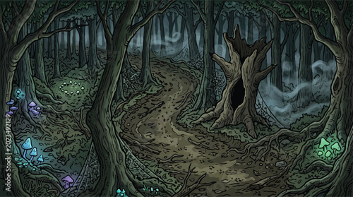 Foto Spooky enchanted forest landscape with glowing mushrooms, dark mystical woodland