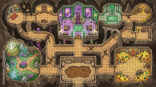 Foto Fantasy dungeon map vector, isometric underground castle interior with throne ro