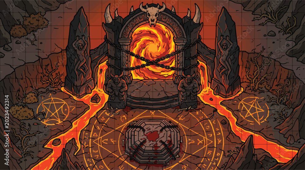 Φωτογραφία Fantasy hell portal vector illustration, demonic underworld gate with lava and p