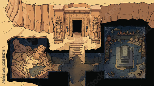 Tableau sur toile Ancient Egyptian tomb cross section vector, underground pharaoh burial chamber w