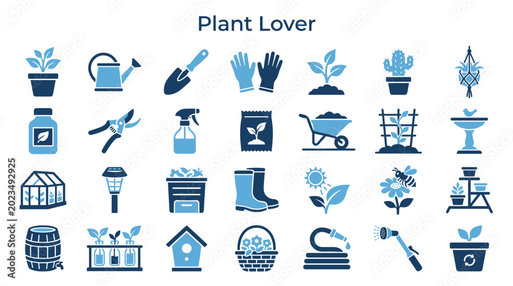 Fototapeta premium Gardening tools and plants illustration icons set for plant lovers and nature enthusiasts, representing home gardening hobbies and outdoor activities.