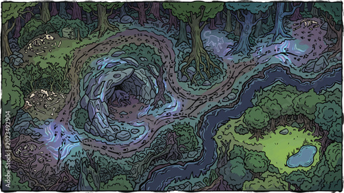 Foto Fantasy forest battle map vector, hand-drawn tabletop RPG world map with cave an