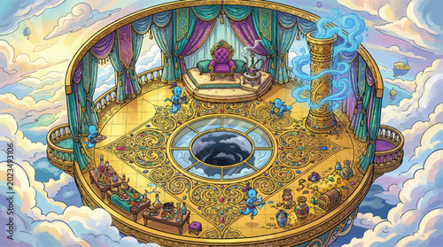Photos Fantasy sky palace throne room vector, magical celestial castle interior with go