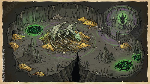 Schilderij op canvas Fantasy dragon lair map, isometric dungeon crawl illustration with dragon skelet