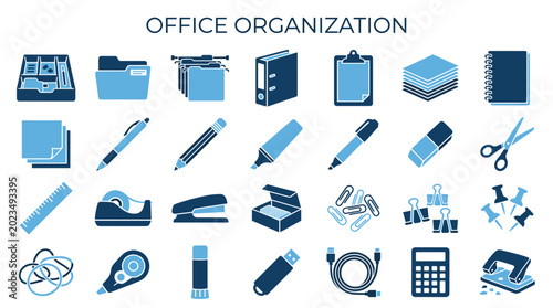 Office Organization Icons Set Collection Of Stationery Supplies And Desk Accessories For Business And Study