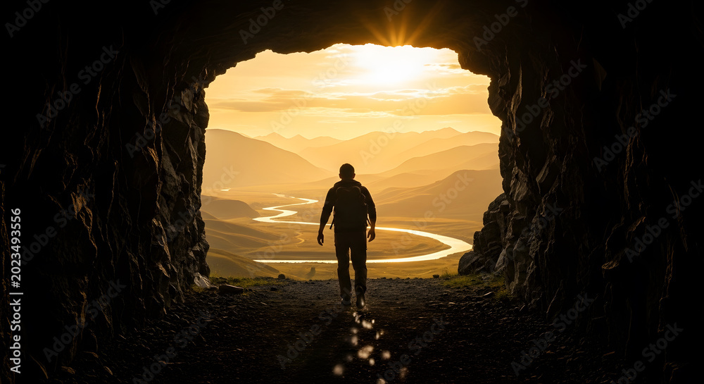Fototapeta premium Silhouette of a hiker at the exit of a dark cave | Overlooking a vast golden mountain landscape with a winding river at sunrise | Concept of hope and new beginnings | Adventure travel and exploration