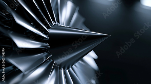 Photos Close-up of metallic turbine blades with red accents highlighting precision engineering and advanced industrial technology