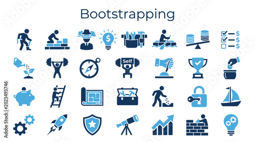 Tableau sur toile Bootstrapping concept with icons representing startup growth, financial manageme