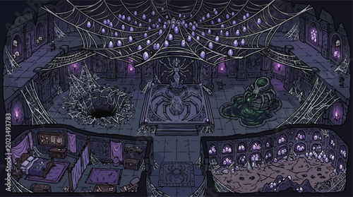 Cuadro en lienzo Gothic spider queen lair vector illustration, dark fantasy dungeon interior with