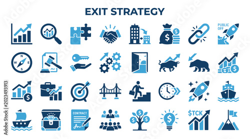 Konstfotografi Business exit strategy icons representing financial growth, investment, mergers,