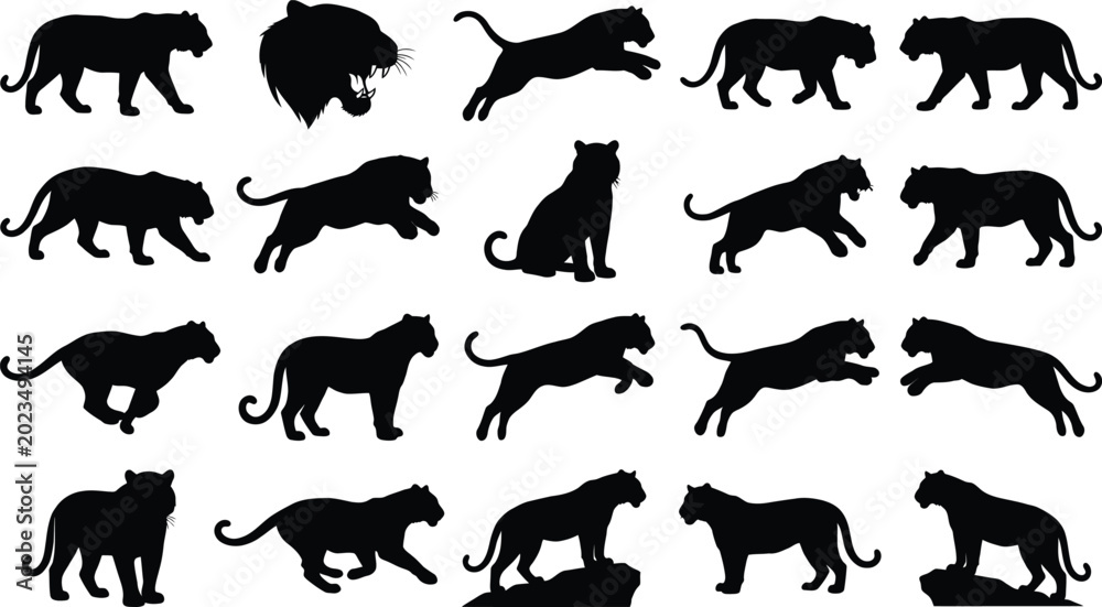 Obraz premium Black Panther Silhouettes, Wild Animal Icons, Vector Graphics, Wildlife Symbols, 20 Black Panther Shapes