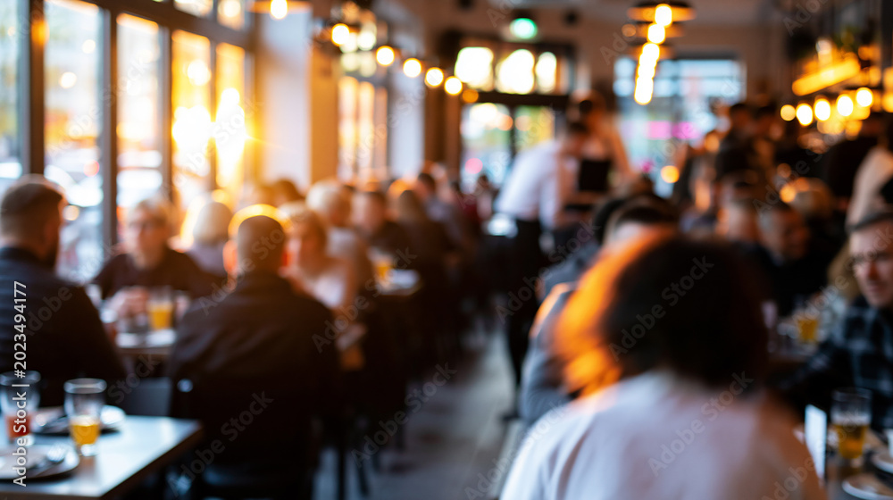 Fototapeta premium Busy restaurant interior filled with people enjoying dinner in warm evening light creating social lifestyle and hospitality atmosphere.