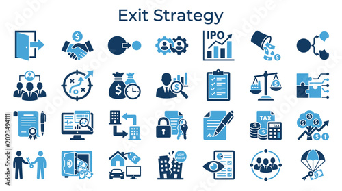 Photos Exit Strategy Business Planning Icons Showing Company Growth Investment Finance