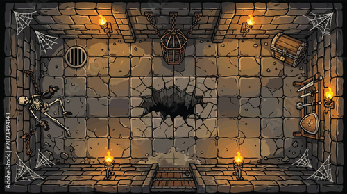 Cuadro en lienzo Medieval dungeon interior vector illustration, dark stone prison cell with skele
