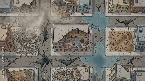 Fotografie Post-apocalyptic city ruins in top-down view, destroyed urban landscape with cru