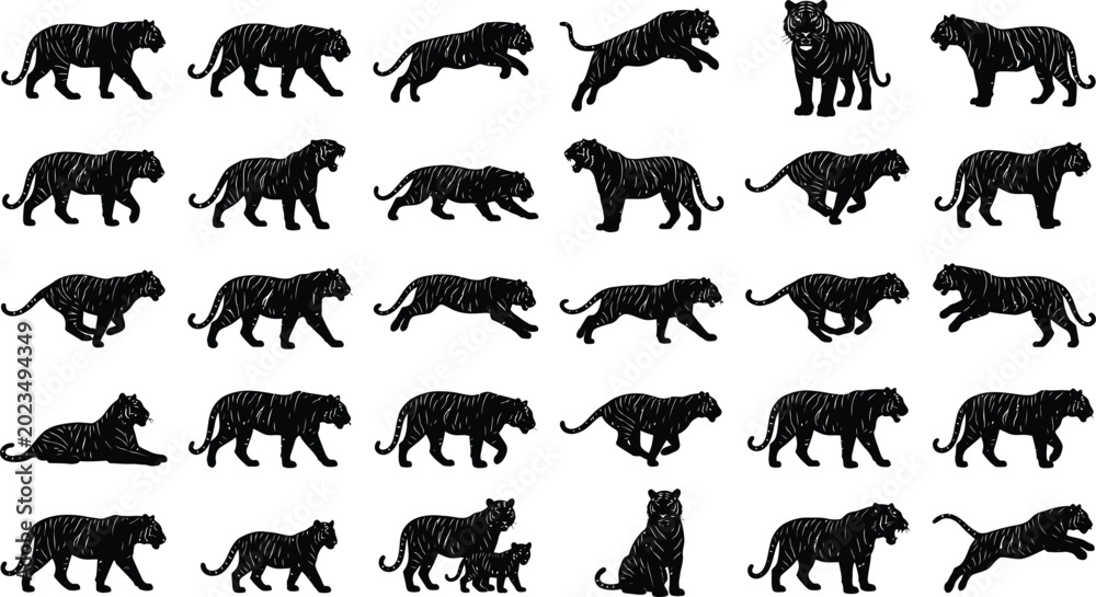 Obraz premium Black panther silhouettes, big cat icons, feline vector graphics, animal set