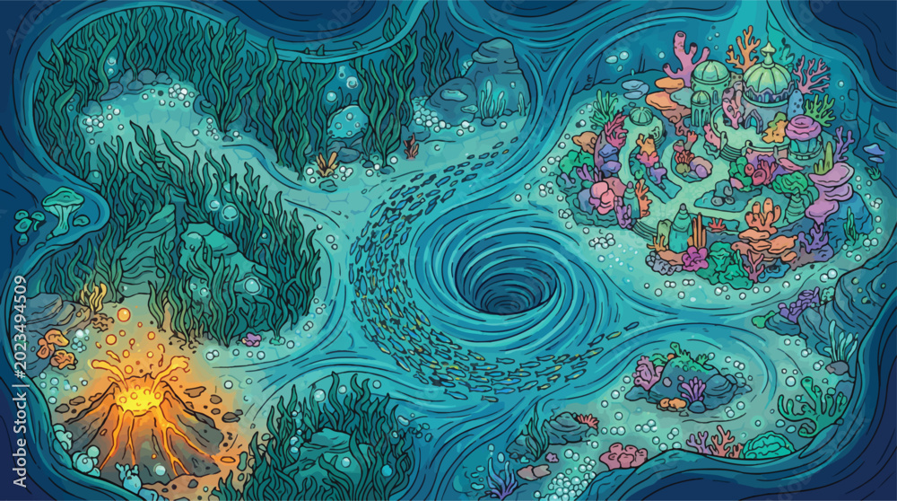 Obraz premium Fantasy underwater world map vector illustration, magical ocean floor landscape with coral city and whirlpool, mystical sea kingdom with volcano and kelp forest