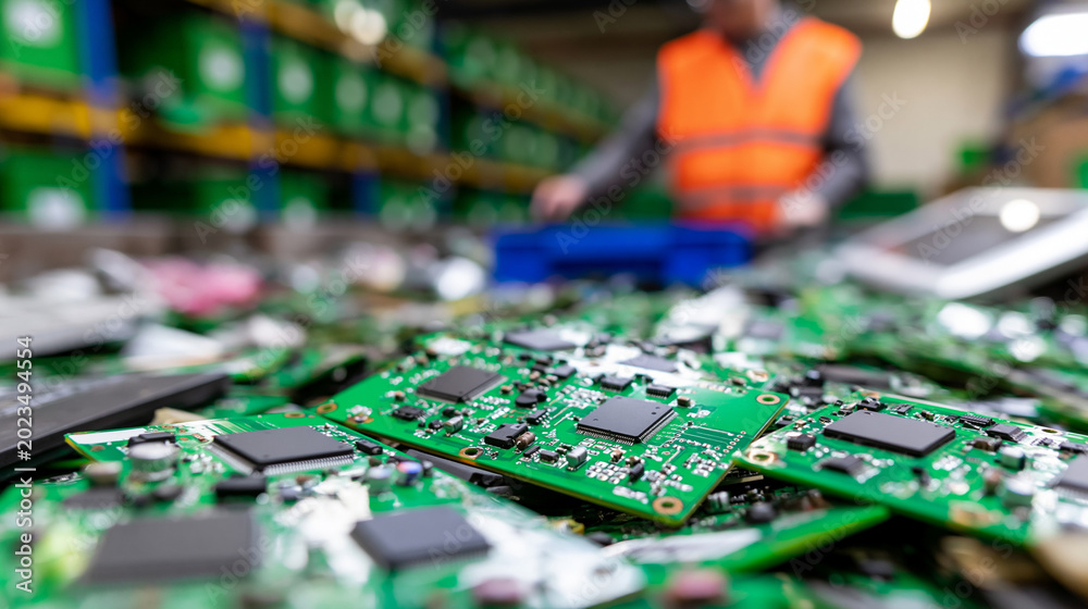 Obraz premium Electronic waste circuit boards in industrial recycling facility representing sustainable technology, hardware recovery and green manufacturing process.
