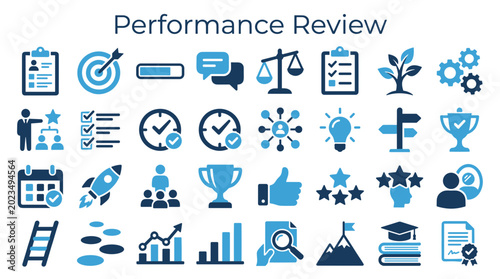 Performance Review Icons Set Business Goals Growth Strategy Teamwork Success and Achievement Concepts in Blue Tones