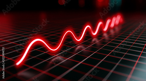 Abstract neon red soundwave on dark digital grid illustrating futuristic data flow, artificial intelligence and cyber communication.