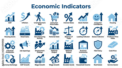 Slika na platnu Collection of economic indicators and financial symbols representing business gr