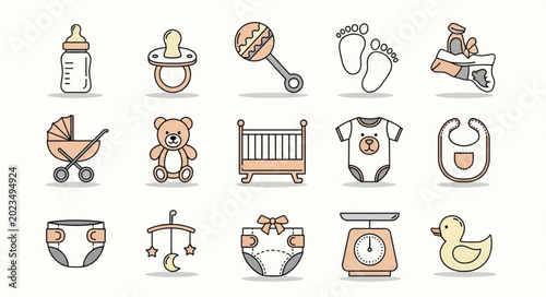Quadro su tela Collection of baby care items and toys in a simple drawing style.