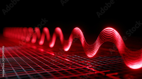 Glowing red digital wave signal on futuristic cyber grid background symbolizing data transmission and modern technology.