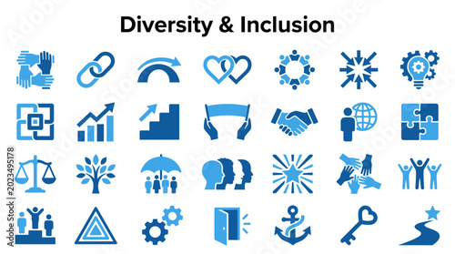 Diversity and Inclusion icons representing teamwork collaboration community unity and equality in business and society concepts