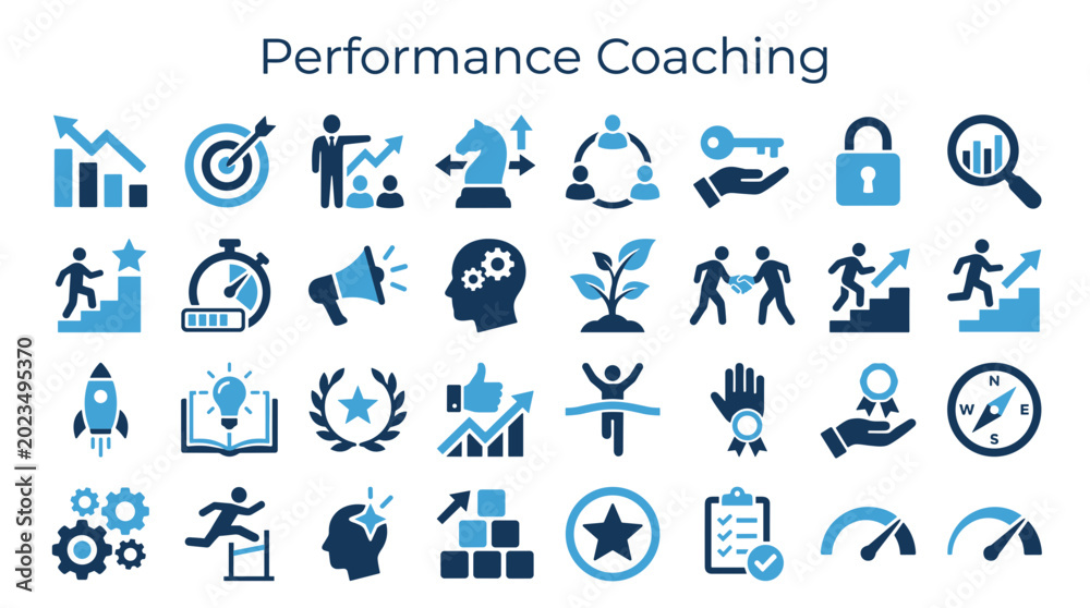 Fototapeta premium Performance coaching icons representing growth strategy development success and achievement in business