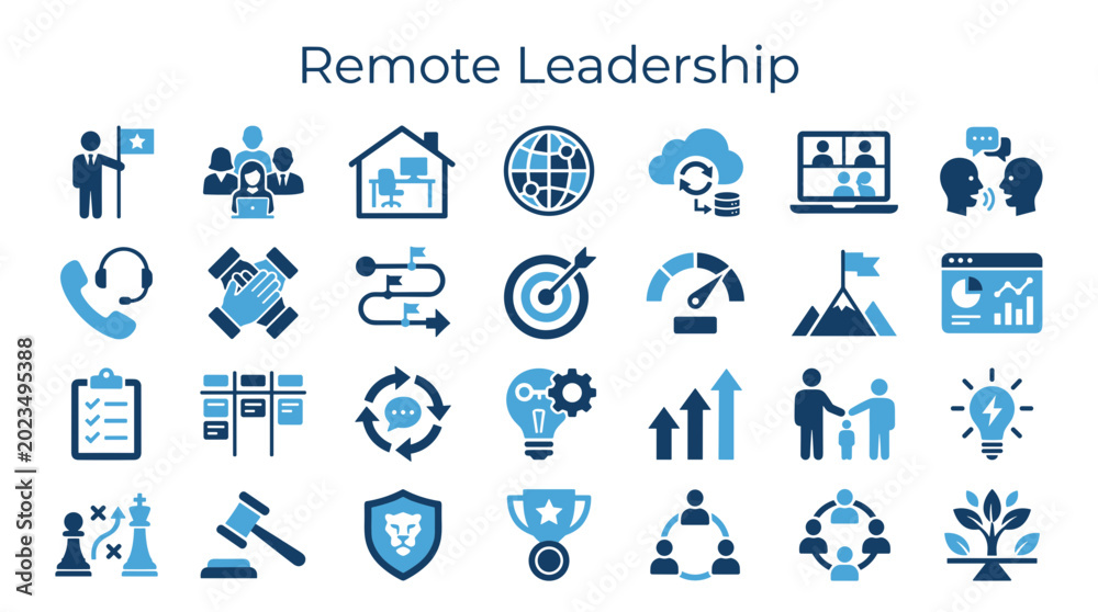 Fototapeta premium Remote Leadership Icons Representing Teamwork Strategy Communication Goals Growth and Success in Modern Business Environment
