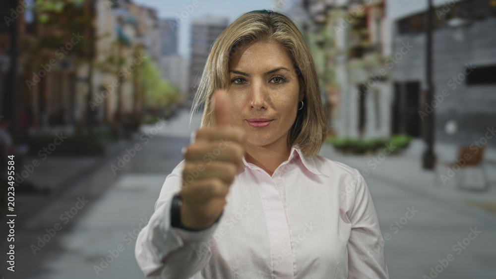Fototapeta premium Woman displays thumbs down gesture on narrow urban street lined with benches and trees under daylight; disapproval.