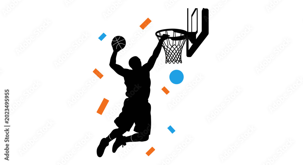Obraz premium Silhouette basketball player dunking with colorful confetti motion effects