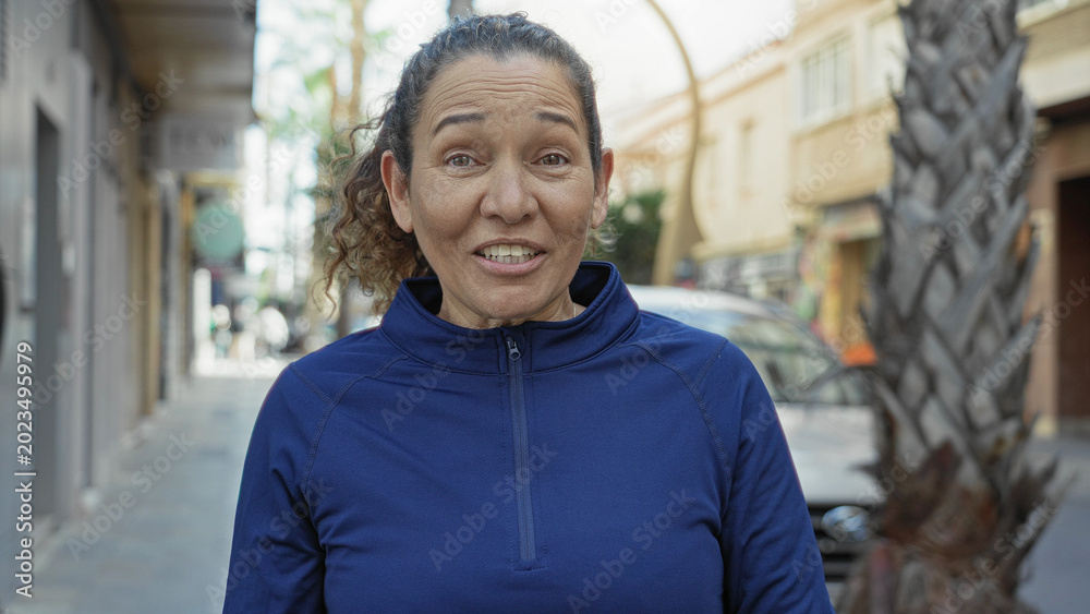 Fototapeta premium Woman face with eyes closed and slight smile, wearing blue zip top standing on a street lined with palm trees; calm.