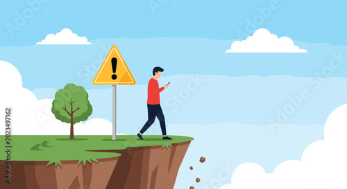 Young man walking towards the edge of a dangerous cliff while being distracted by his smartphone despite a yellow warning sign nearby.