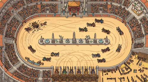 Ancient Roman circus maximus chariot race vector, aerial view of antique hippodrome stadium, historical roman empire arena with spectators