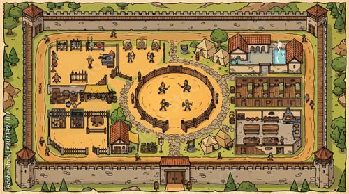 Tableau sur toile Medieval fantasy training camp vector map, hand-drawn fortress barracks with are