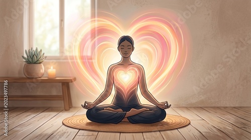 A person meditates in a serene room with glowing heart-shaped energy emanating from their chest, symbolizing inner peace and love.