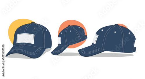 Three different views of a dark blue baseball cap with a white rectangle patch for logo placement shown against a simple orange background.