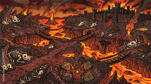 Fotografia Fantasy hell landscape vector, underworld lava world with dark castle and animal
