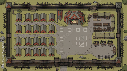 Foto Medieval military camp map vector, fortified army base with tents and wooden pal