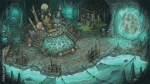 Foto Fantasy underwater cave lair vector illustration, crab king throne room with bio