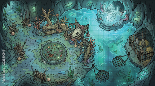 Foto Fantasy RPG battle map of a swampy goblin cave, hand-drawn dungeon crawl environ