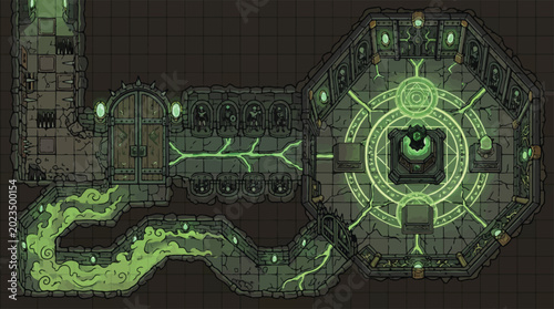 Foto Fantasy dungeon battle map with glowing green magic circles, top-down stone temp
